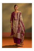 Maroon Jacquard Art Silk Kurta Set with Cotton Bottom & Silk Blend Dupatta