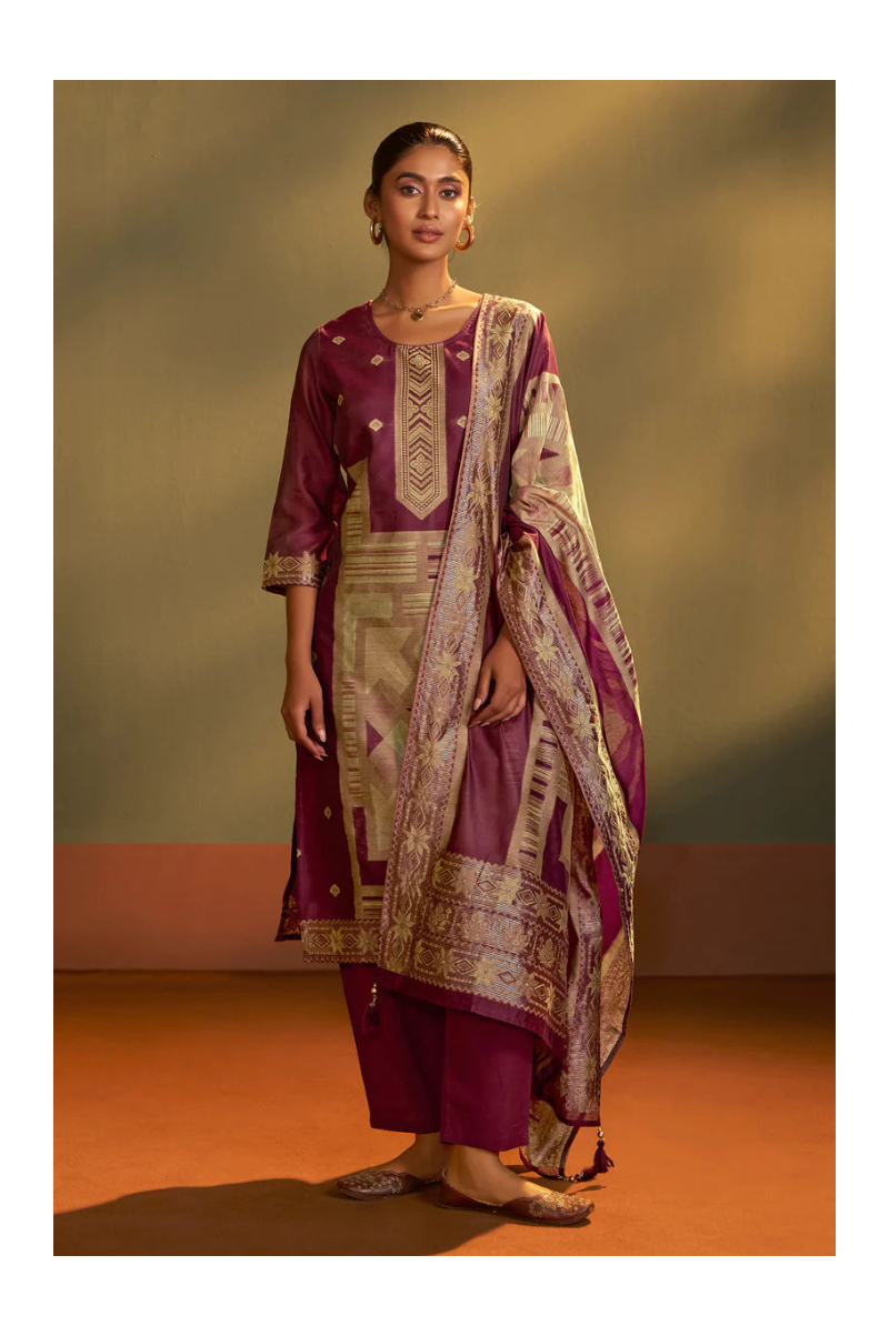 Maroon Jacquard Art Silk Kurta Set with Cotton Bottom & Silk Blend Dupatta