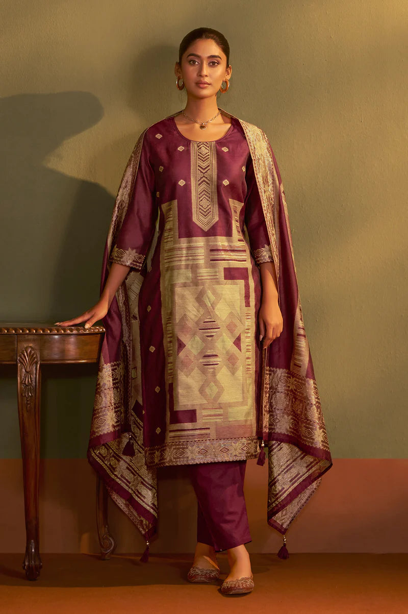 Maroon Jacquard Art Silk Kurta Set with Cotton Bottom & Silk Blend Dupatta