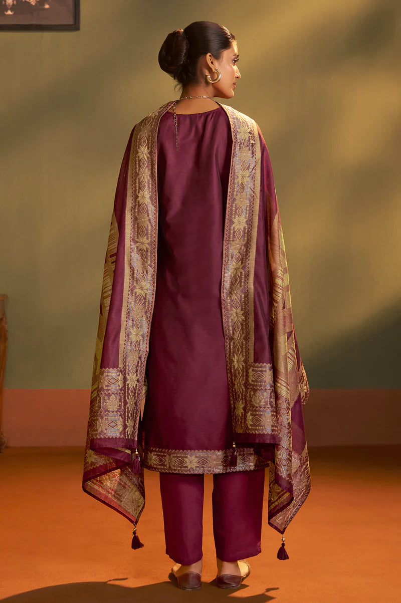 Maroon Jacquard Art Silk Kurta Set with Cotton Bottom & Silk Blend Dupatta