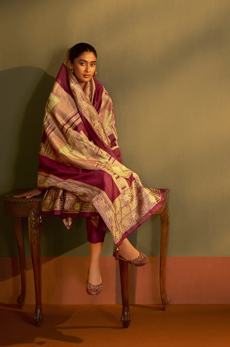 Maroon Jacquard Art Silk Kurta Set with Cotton Bottom & Silk Blend Dupatta