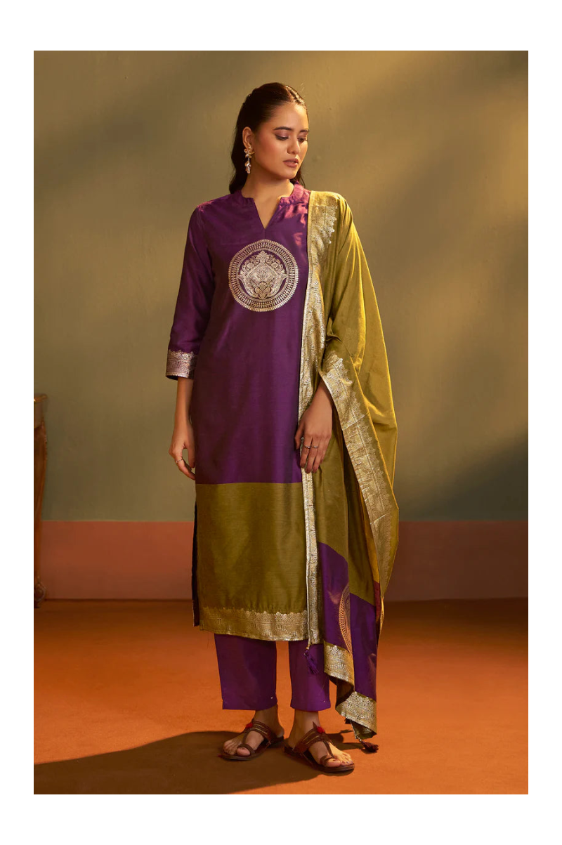 Wine Jacquard Art Silk Kurta Set with Cotton Bottom & Silk Blend Dupatta