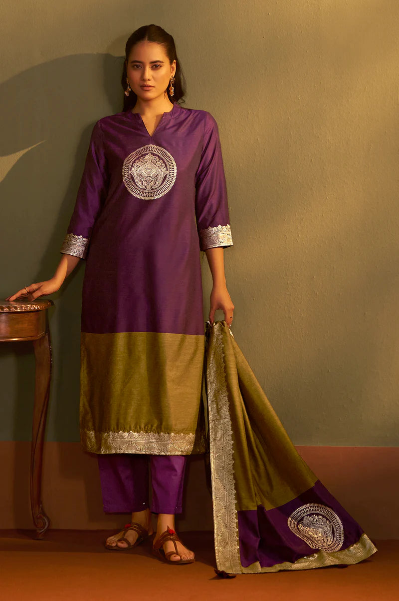Wine Jacquard Art Silk Kurta Set with Cotton Bottom & Silk Blend Dupatta