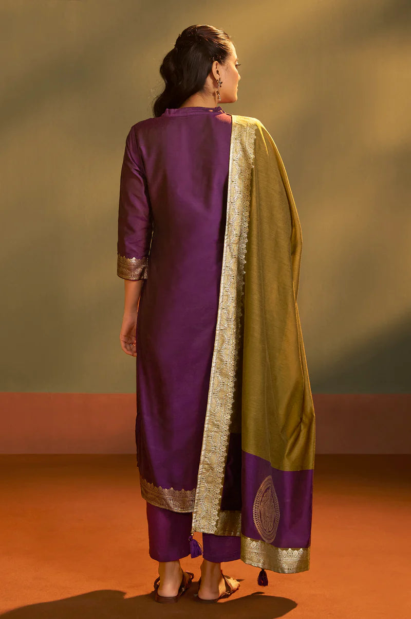 Wine Jacquard Art Silk Kurta Set with Cotton Bottom & Silk Blend Dupatta
