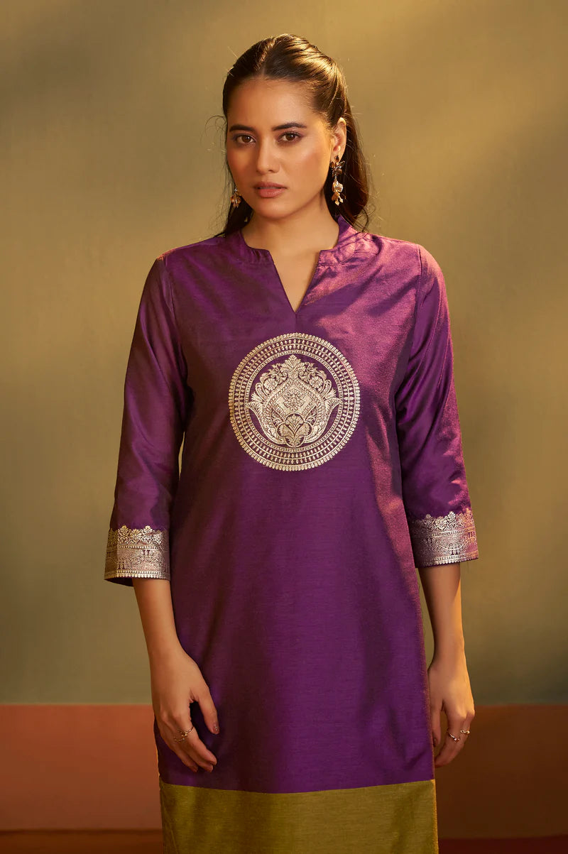 Wine Jacquard Art Silk Kurta Set with Cotton Bottom & Silk Blend Dupatta