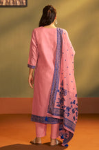 Pink Jacquard Art Silk Kurta Set with Cotton Bottom & Silk Blend Dupatta