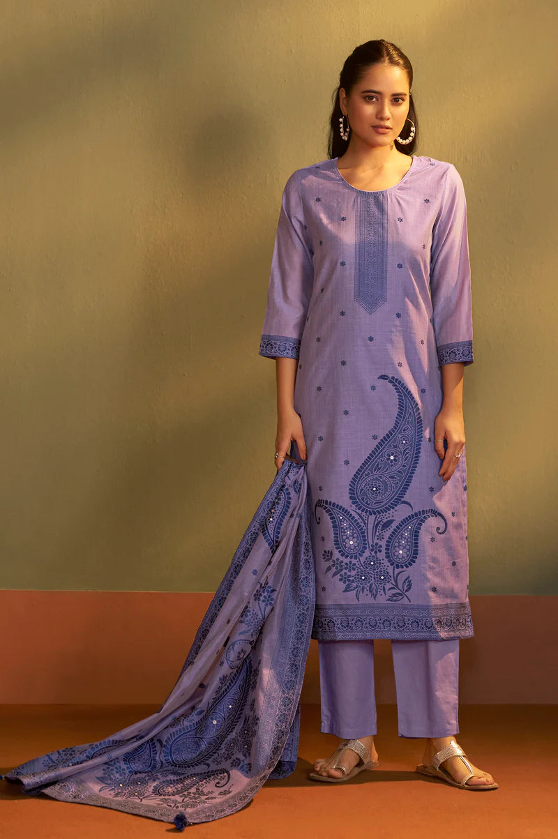 Lilac Jacquard Art Silk Kurta Set with Cotton Bottom & Silk Jacquard Dupatta