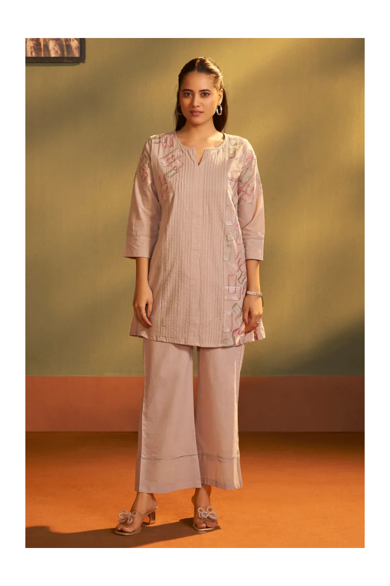 Brown Pure Cotton Embroidered Co-Ord Set