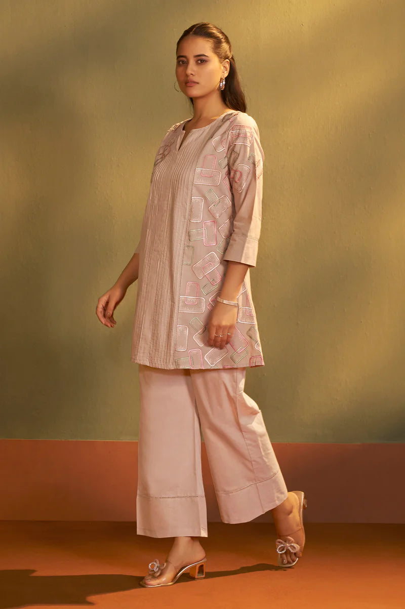 Brown Pure Cotton Embroidered Co-Ord Set