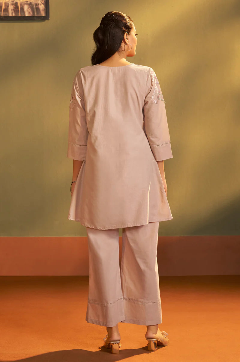 Brown Pure Cotton Embroidered Co-Ord Set