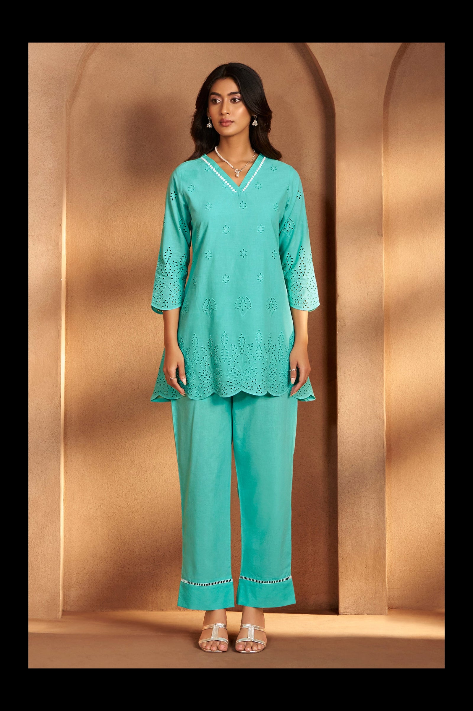Women’s Pure Cotton Sky Blue Schiffli Co-Ord Set