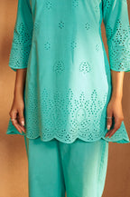 Women’s Pure Cotton Sky Blue Schiffli Co-Ord Set