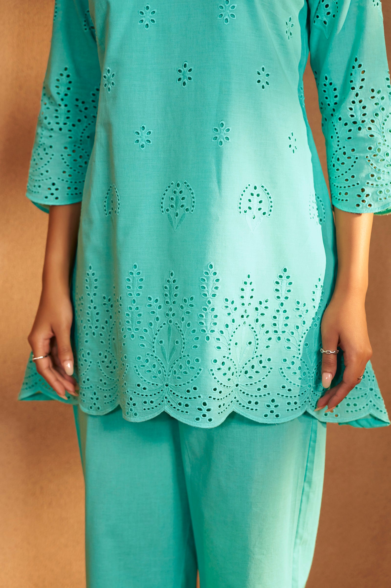 Women’s Pure Cotton Sky Blue Schiffli Co-Ord Set