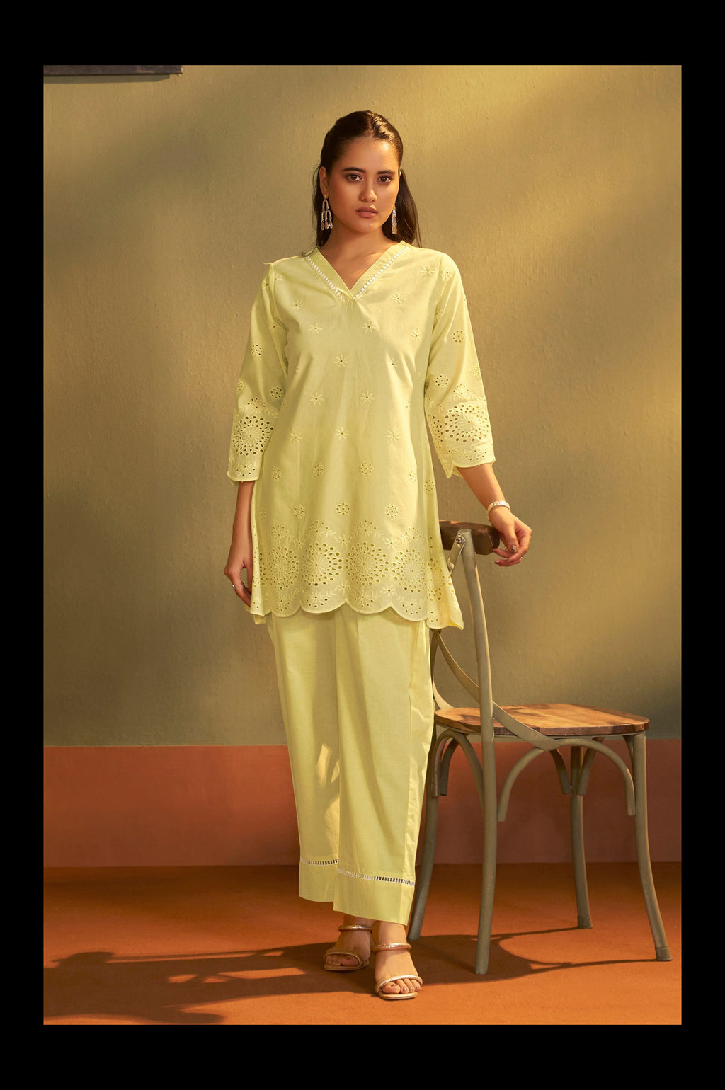 Women’s Pure Cotton Yellow Schiffli Co-Ord Set