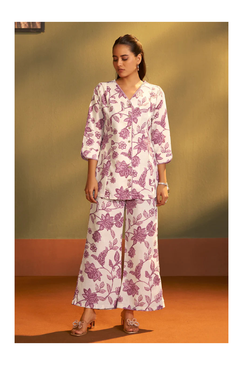 Women’s Cream Cotton Blend Printed Co-Ord Set