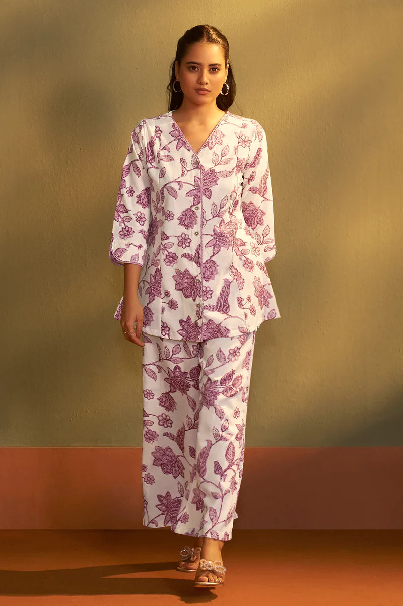 Women’s Cream Cotton Blend Printed Co-Ord Set