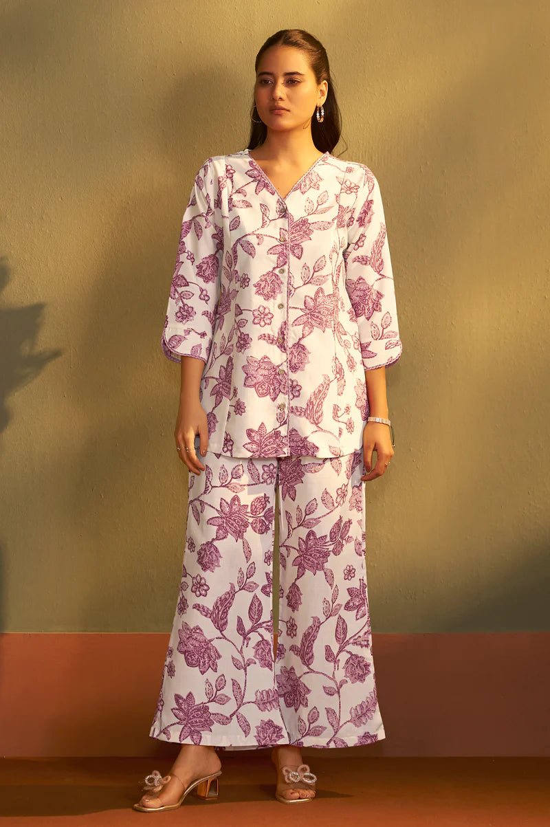 Women’s Cream Cotton Blend Printed Co-Ord Set