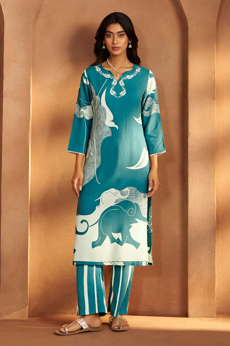 Purple Viscose Rayon Printed Straight Co-Ord Set