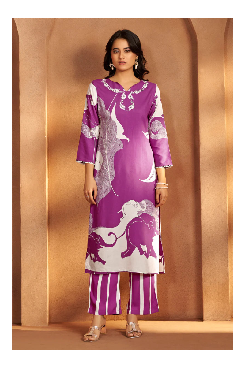 Purple Viscose Rayon Printed Straight Co-Ord Set