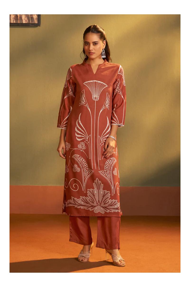 Rust Viscose Rayon Printed Straight Co-Ord Set