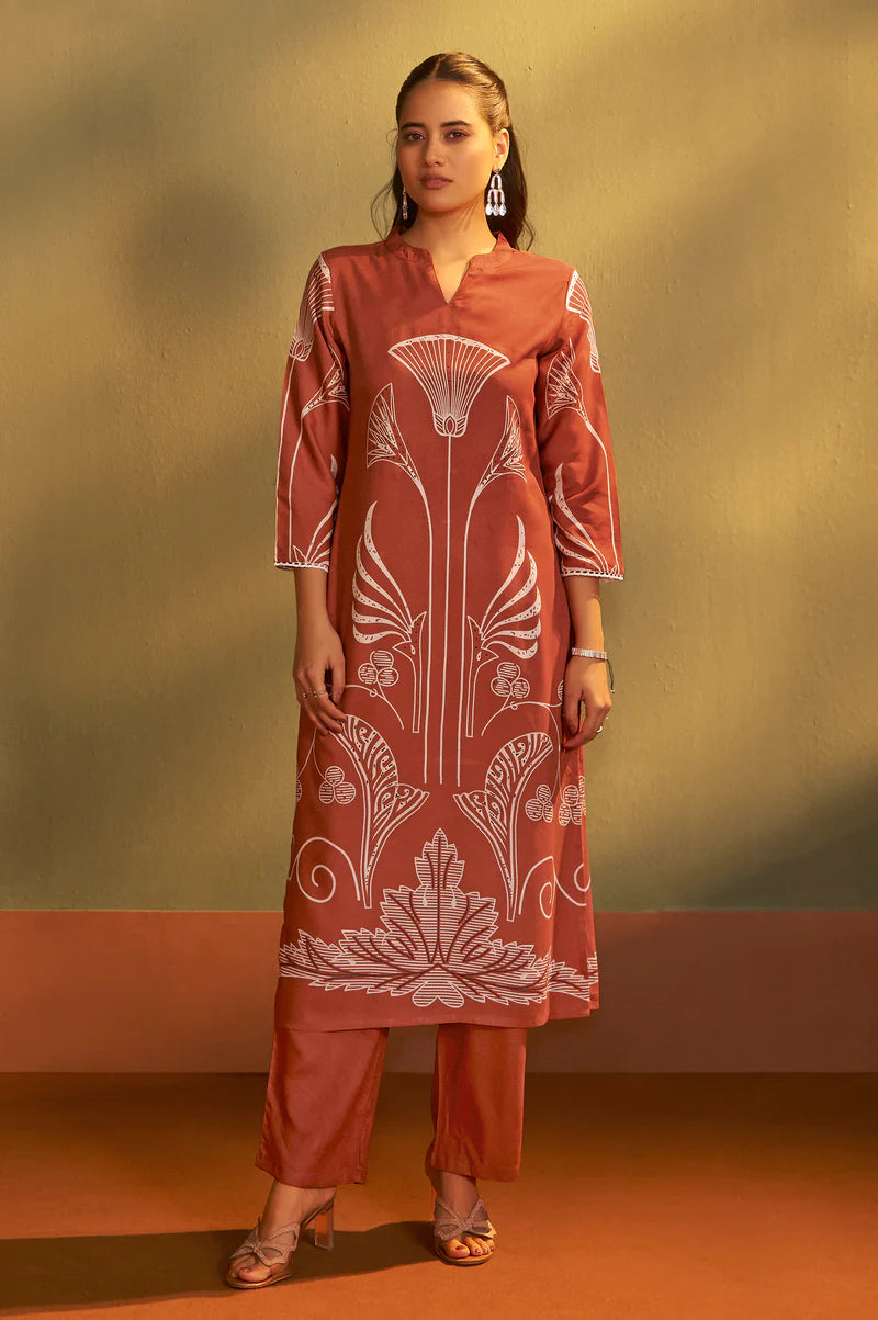 Rust Viscose Rayon Printed Straight Co-Ord Set