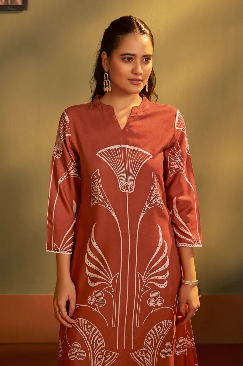 Rust Viscose Rayon Printed Straight Co-Ord Set