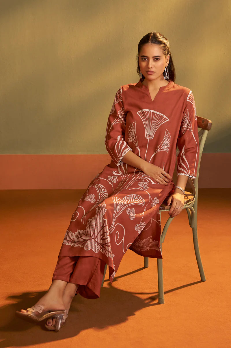 Rust Viscose Rayon Printed Straight Co-Ord Set
