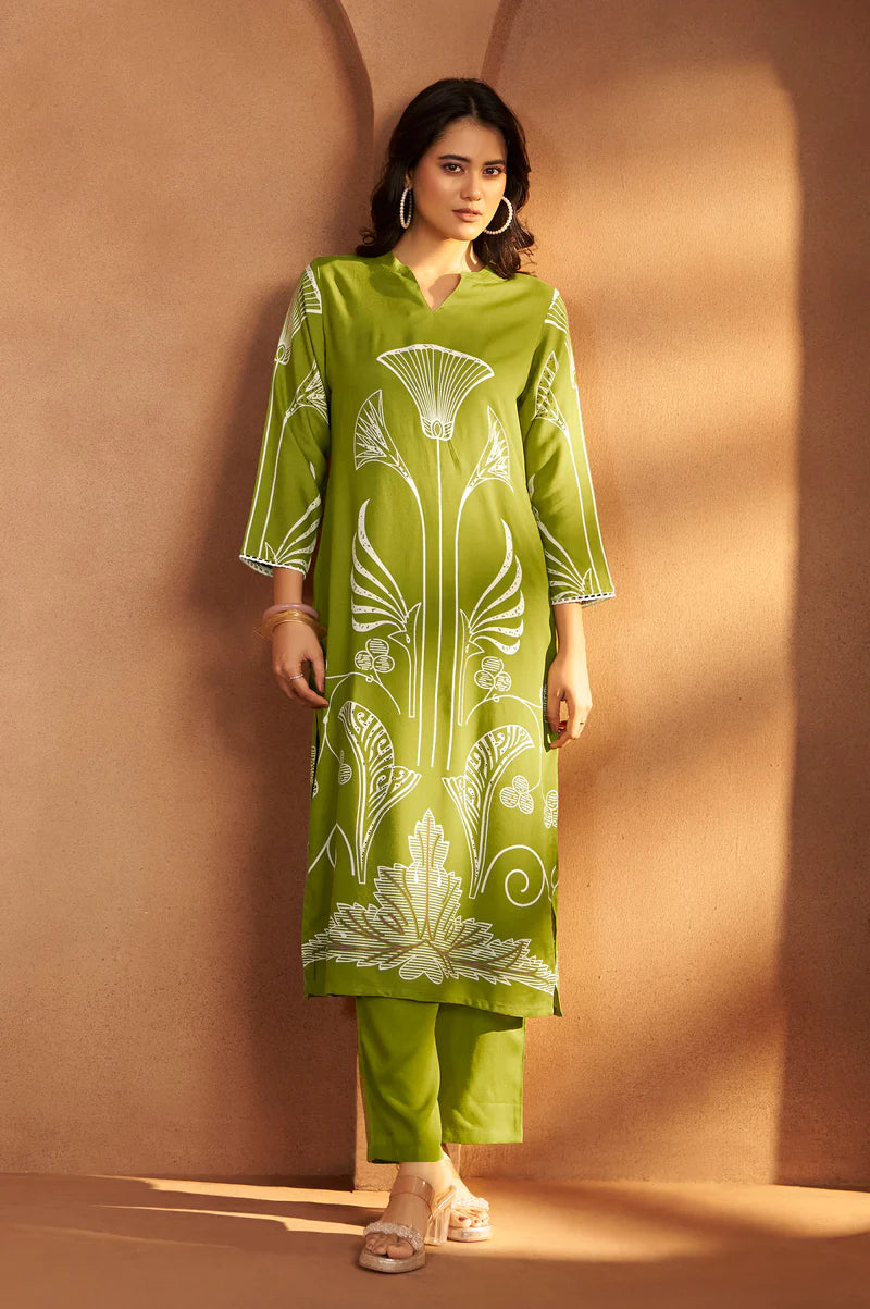 Rust Viscose Rayon Printed Straight Co-Ord Set