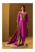 Pink Cotton Blend Jacquard Straight Kurta with Solid Pant and Silk Jacquard Dupatta Set