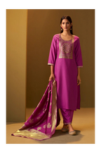 Pink Cotton Blend Jacquard Straight Kurta with Solid Pant and Silk Jacquard Dupatta Set