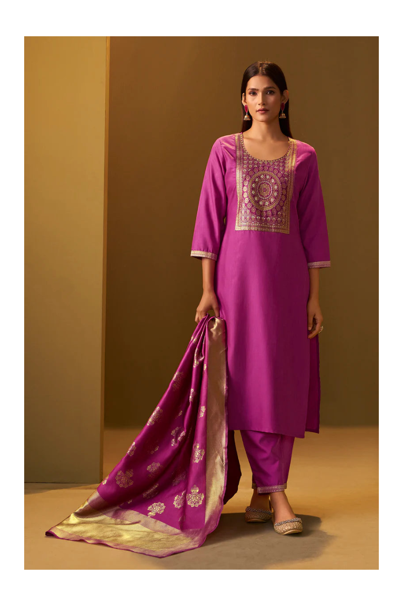 Pink Cotton Blend Jacquard Straight Kurta with Solid Pant and Silk Jacquard Dupatta Set