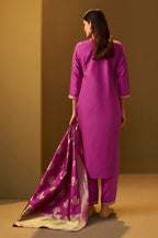 Pink Cotton Blend Jacquard Straight Kurta with Solid Pant and Silk Jacquard Dupatta Set