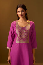 Pink Cotton Blend Jacquard Straight Kurta with Solid Pant and Silk Jacquard Dupatta Set