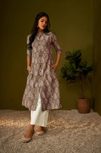 Olive Green Kantha Print Cotton A-line Kurta