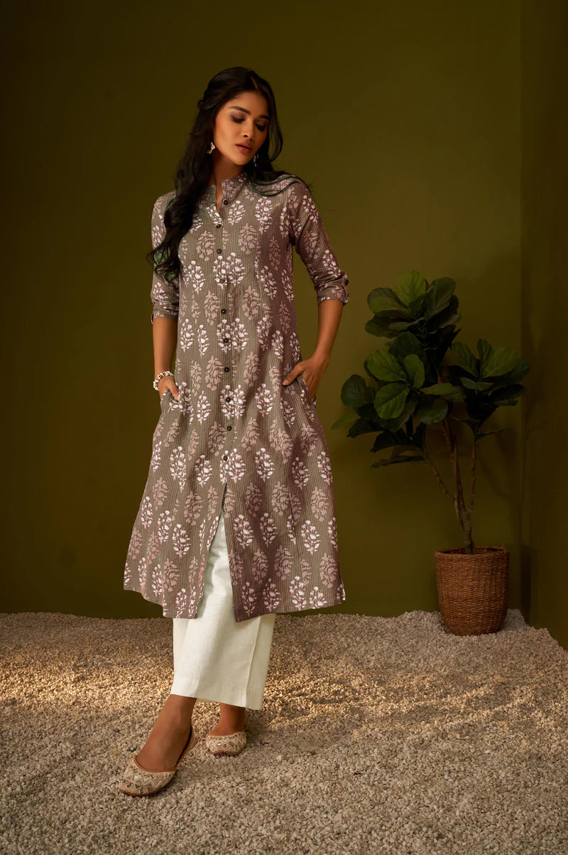 Olive Green Kantha Print Cotton A-line Kurta