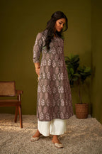 Olive Green Kantha Print Cotton A-line Kurta