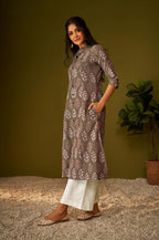 Olive Green Kantha Print Cotton A-line Kurta