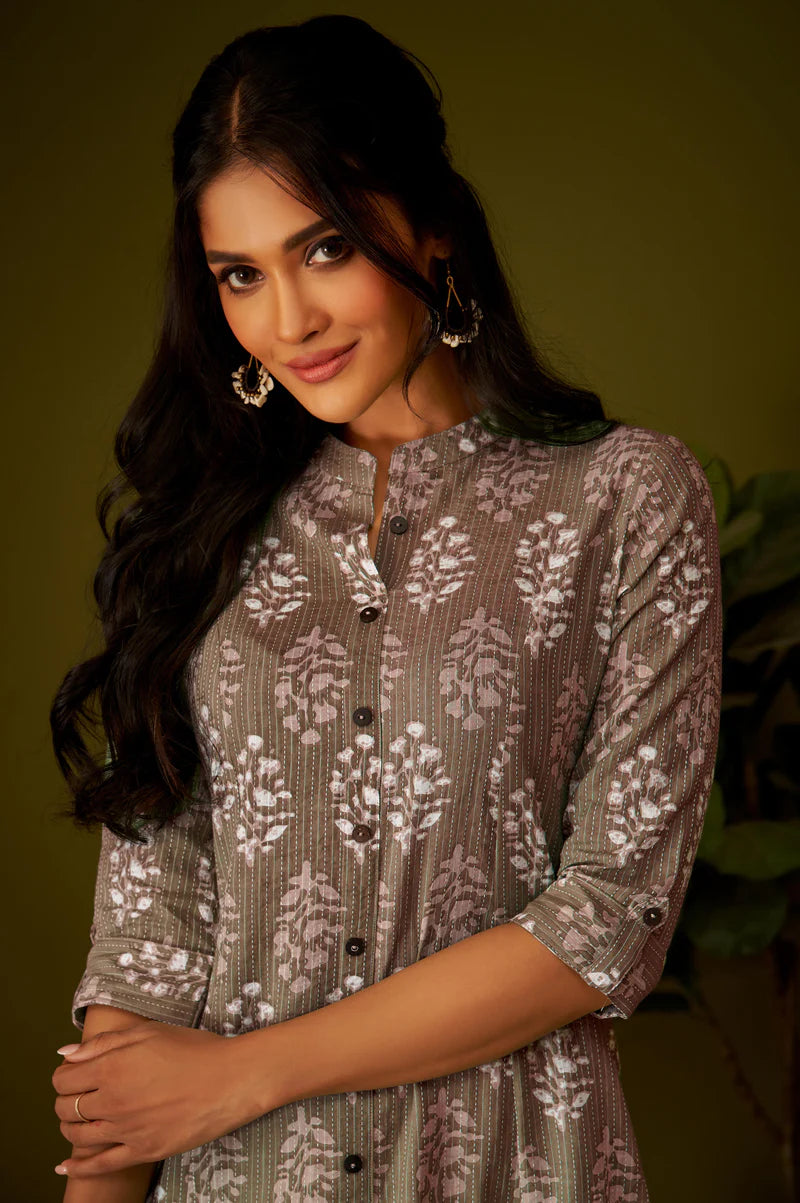 Olive Green Kantha Print Cotton A-line Kurta