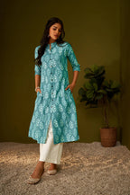Olive Green Kantha Print Cotton A-line Kurta