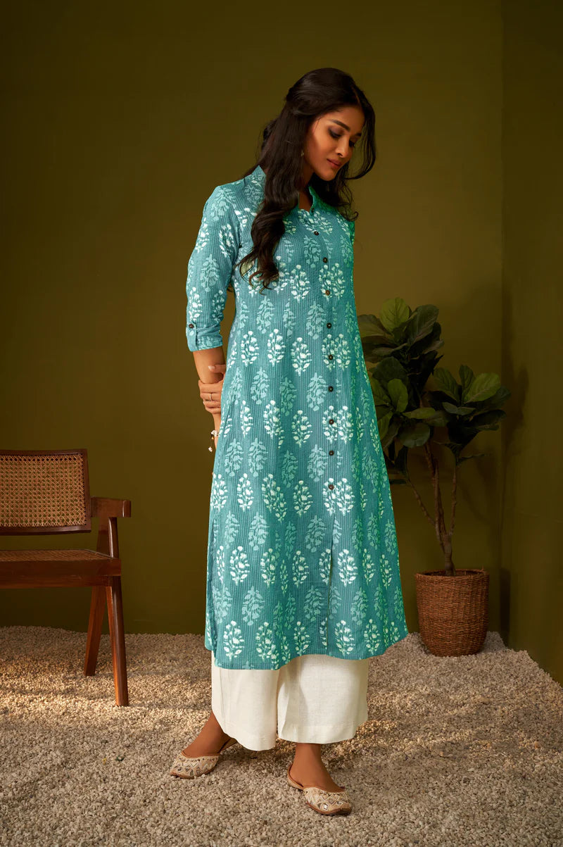 Olive Green Kantha Print Cotton A-line Kurta