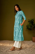 Olive Green Kantha Print Cotton A-line Kurta