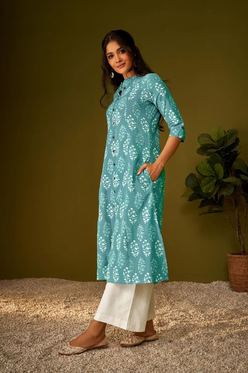 Olive Green Kantha Print Cotton A-line Kurta