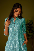 Olive Green Kantha Print Cotton A-line Kurta