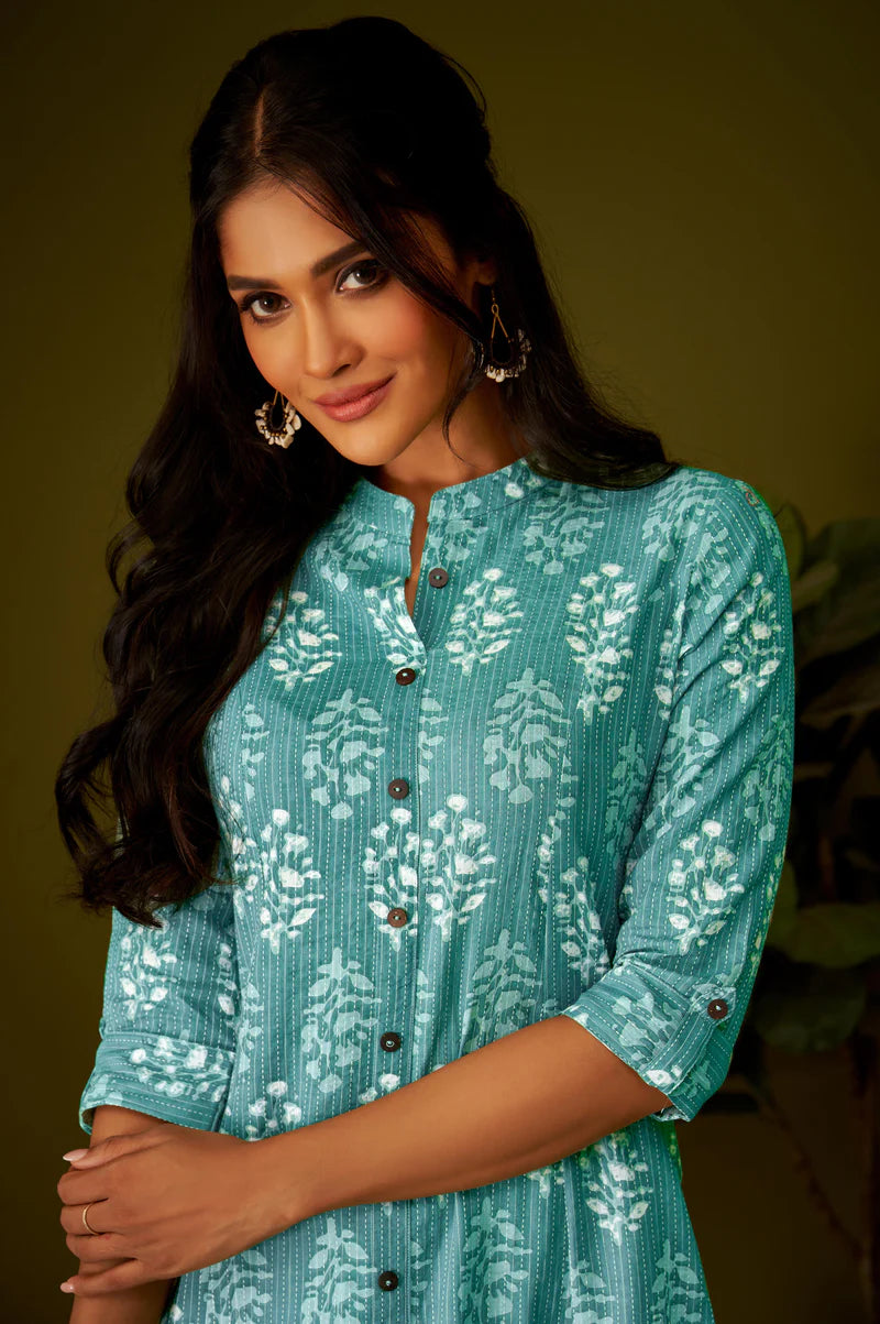 Olive Green Kantha Print Cotton A-line Kurta