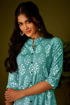 Olive Green Kantha Print Cotton A-line Kurta