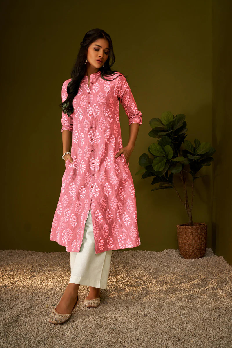 Olive Green Kantha Print Cotton A-line Kurta