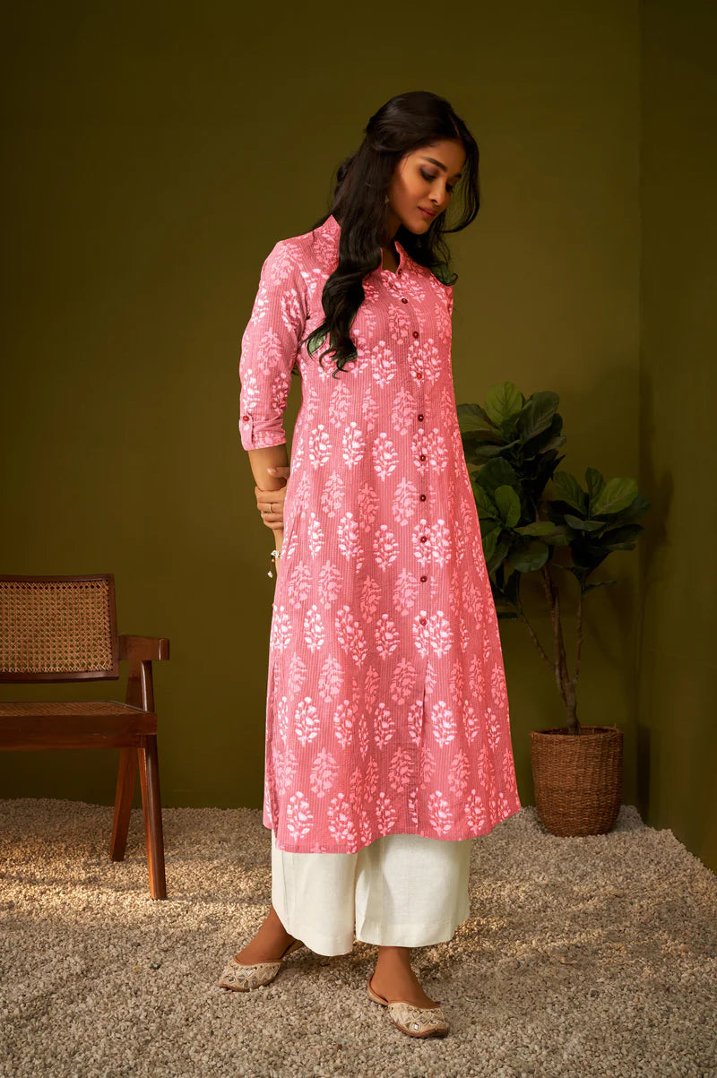 Olive Green Kantha Print Cotton A-line Kurta