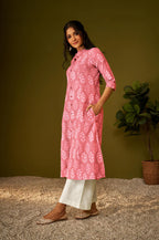Olive Green Kantha Print Cotton A-line Kurta