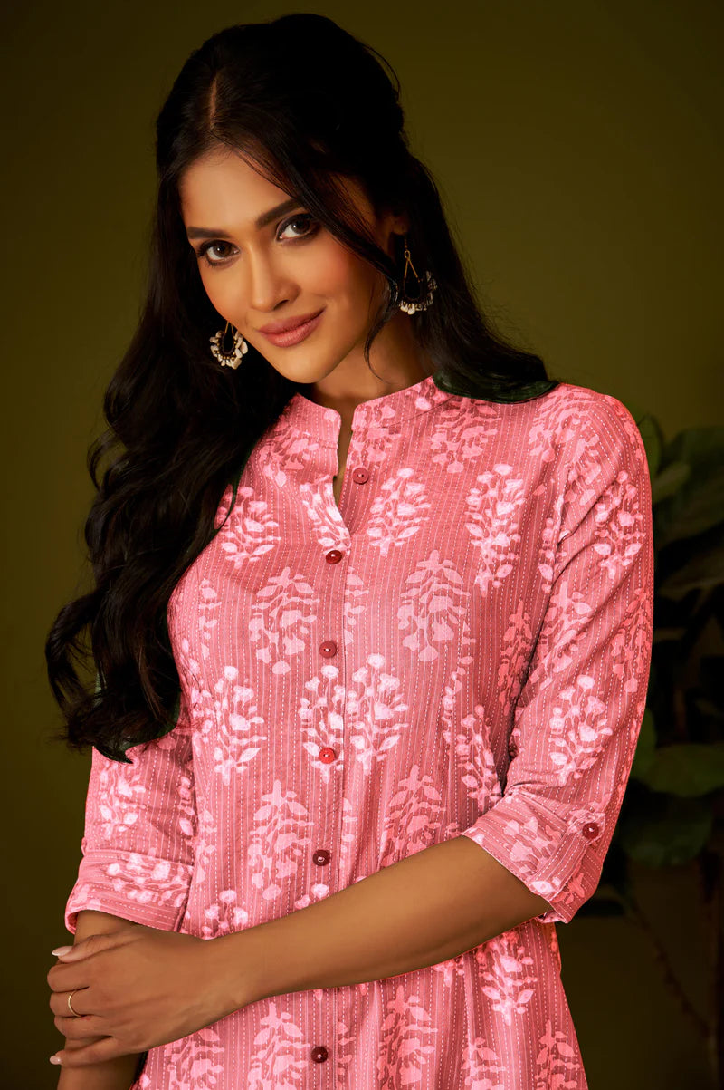Olive Green Kantha Print Cotton A-line Kurta