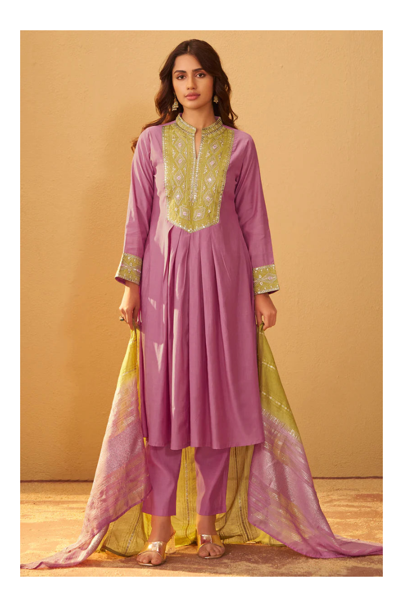 Light Pink Roman Silk Embroidered Flared Kurta Set Dupatta